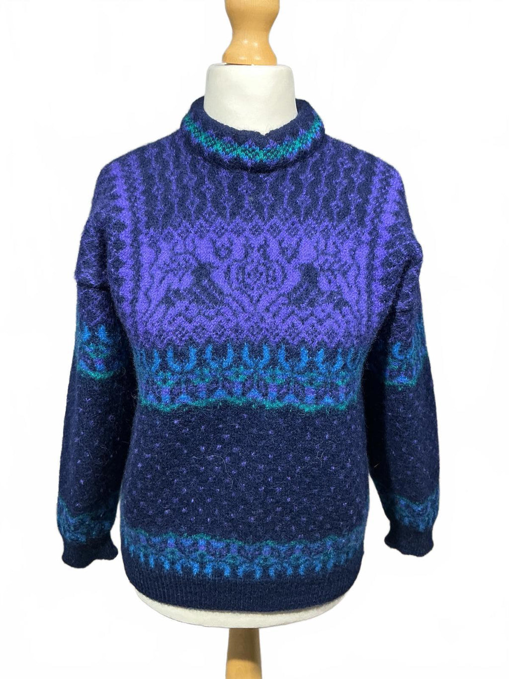Vintage Norwegian Women's Turtleneck Sweater in Blue and Purple