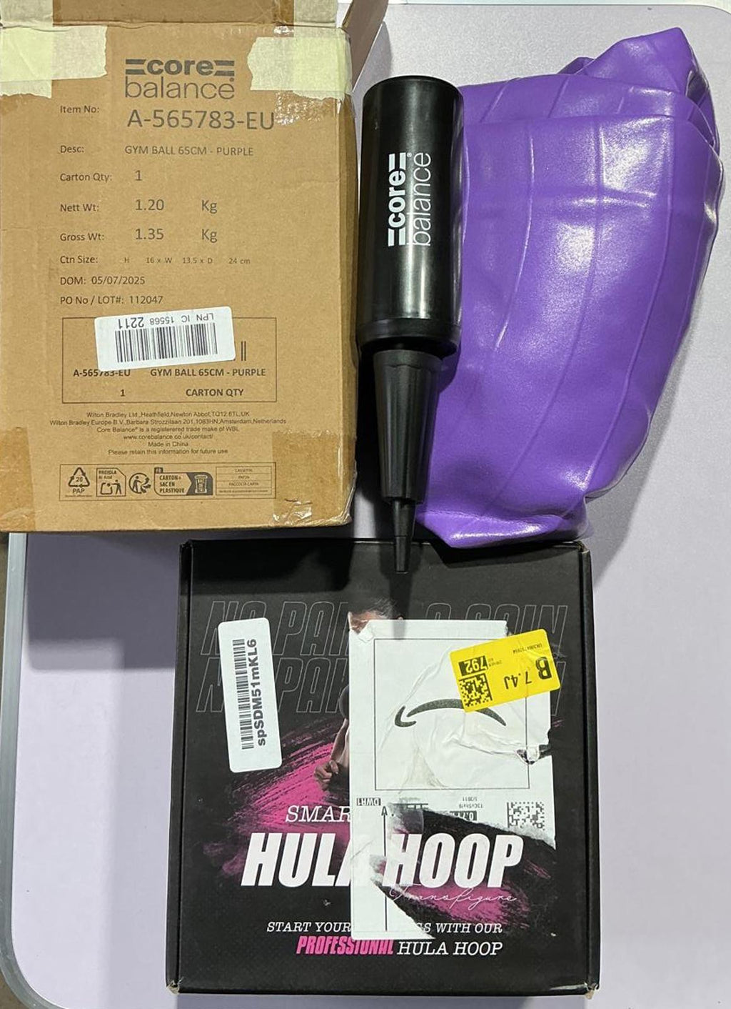 Bundle Core Balance Gym Ball 65cm Purple with Smart Hula Hoop and Pump