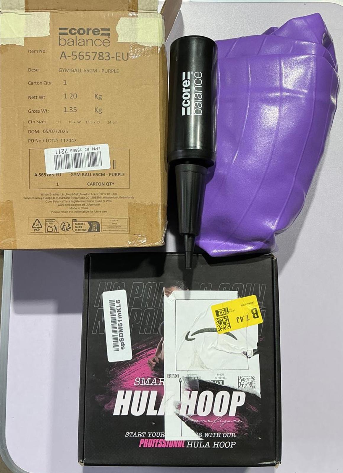 Bundle Core Balance Gym Ball 65cm Purple with Smart Hula Hoop and Pump
