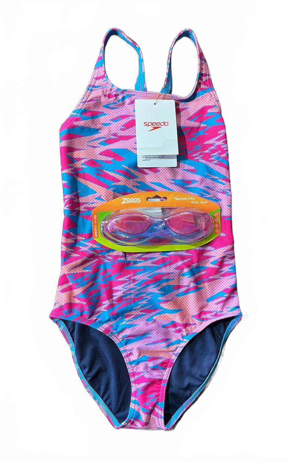 Speedo Girls One-Piece Swimsuit with Zoggs Junior Goggles Size Junior 6-14 Yrs