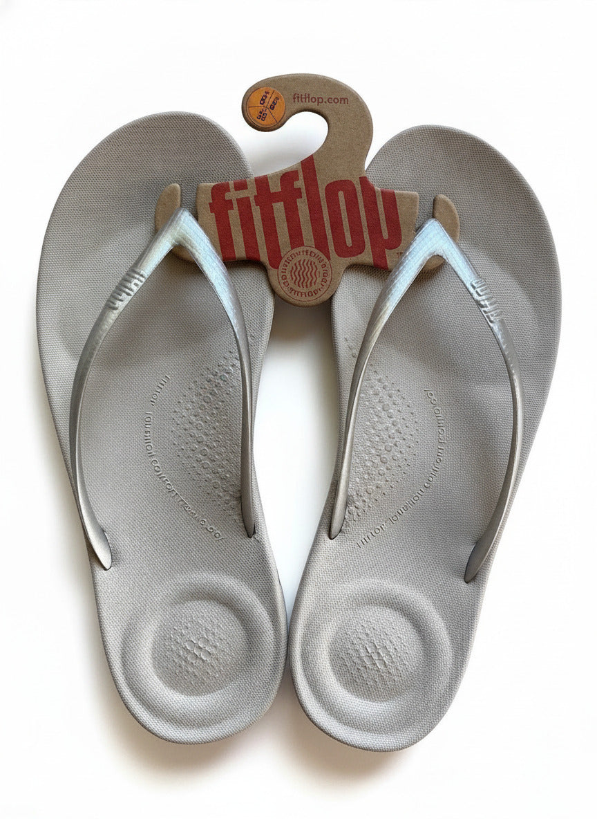 FitFlop Silver Cushion Ergonomic Flip Flops UK Size 6 Comfortable Sandals