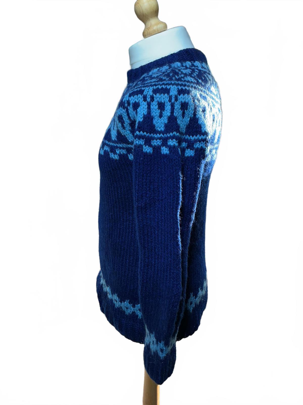 Vintage Blue Wool Knit Sweater with Nordic Pattern