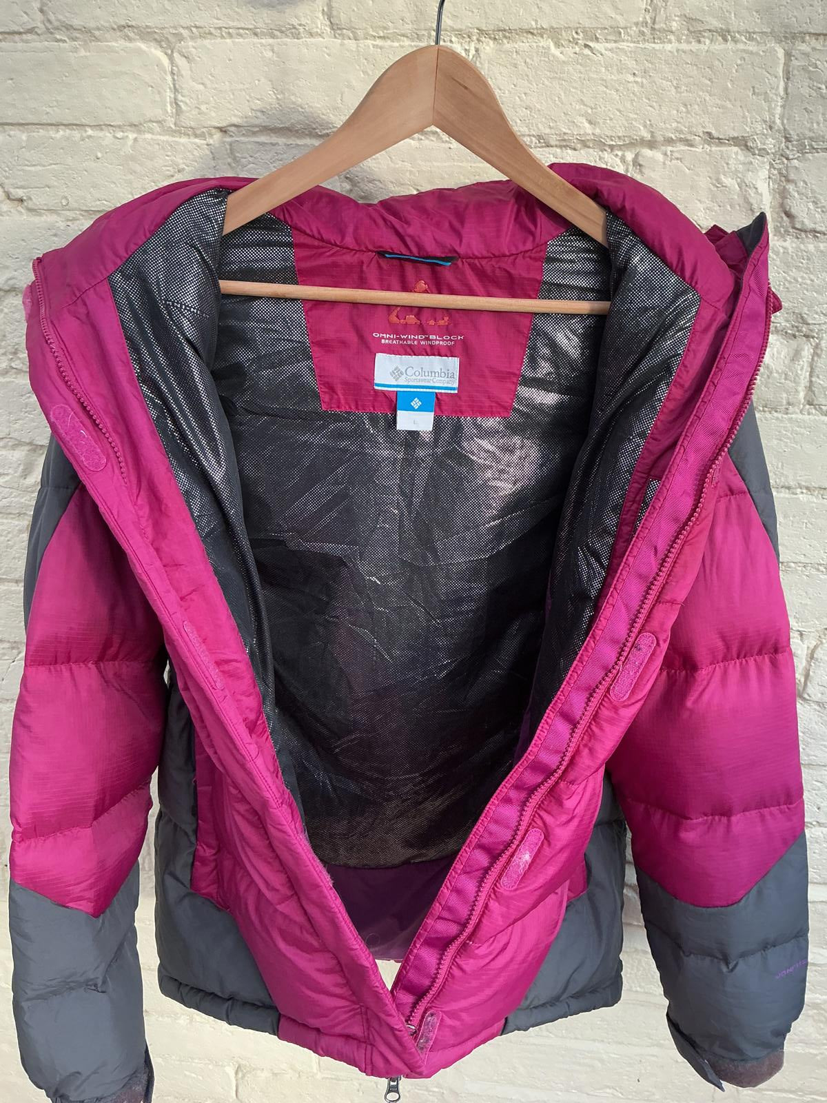 Columbia Women's Insulated Puffer Jacket Omni-Heat Large Pink Gray Very Good