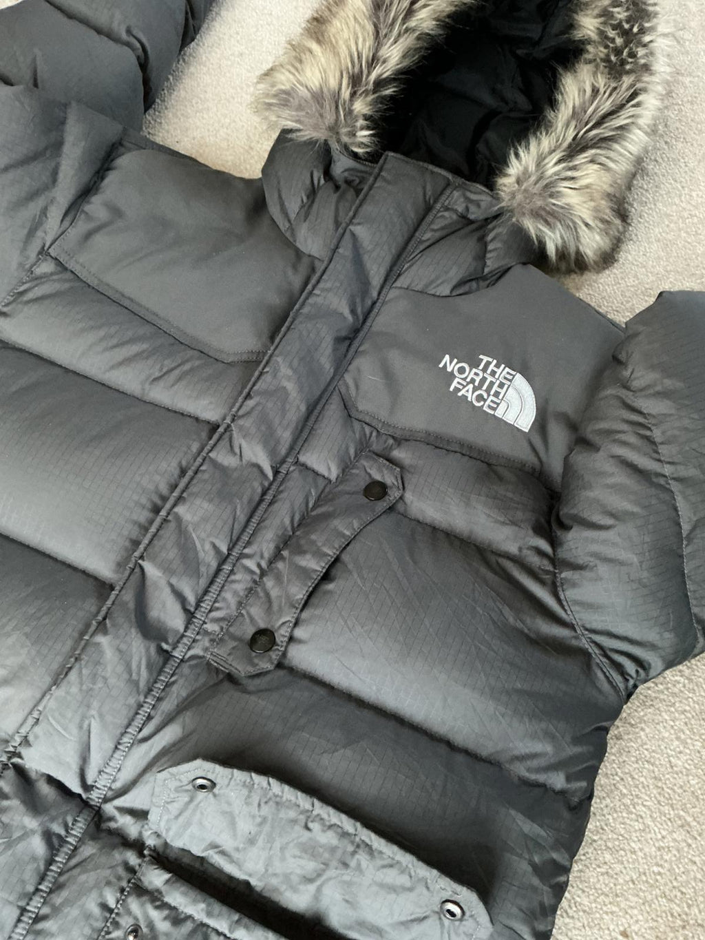The North Face Men's Grey Puffer 800pro Jacket with Faux Fur Hood