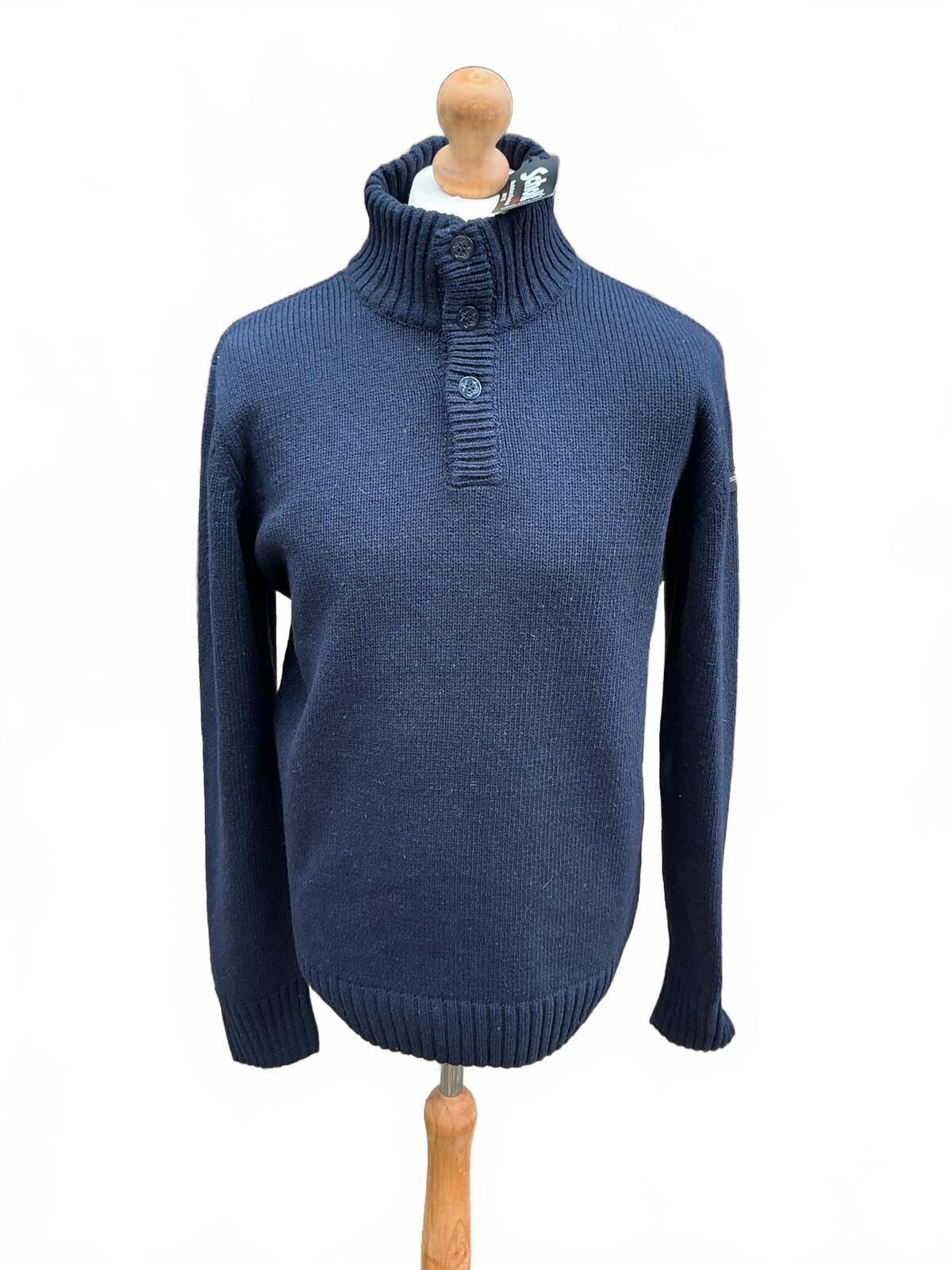 Schott Navy Blue Wool Jumper Size Regular xl with High Neck and Buttons