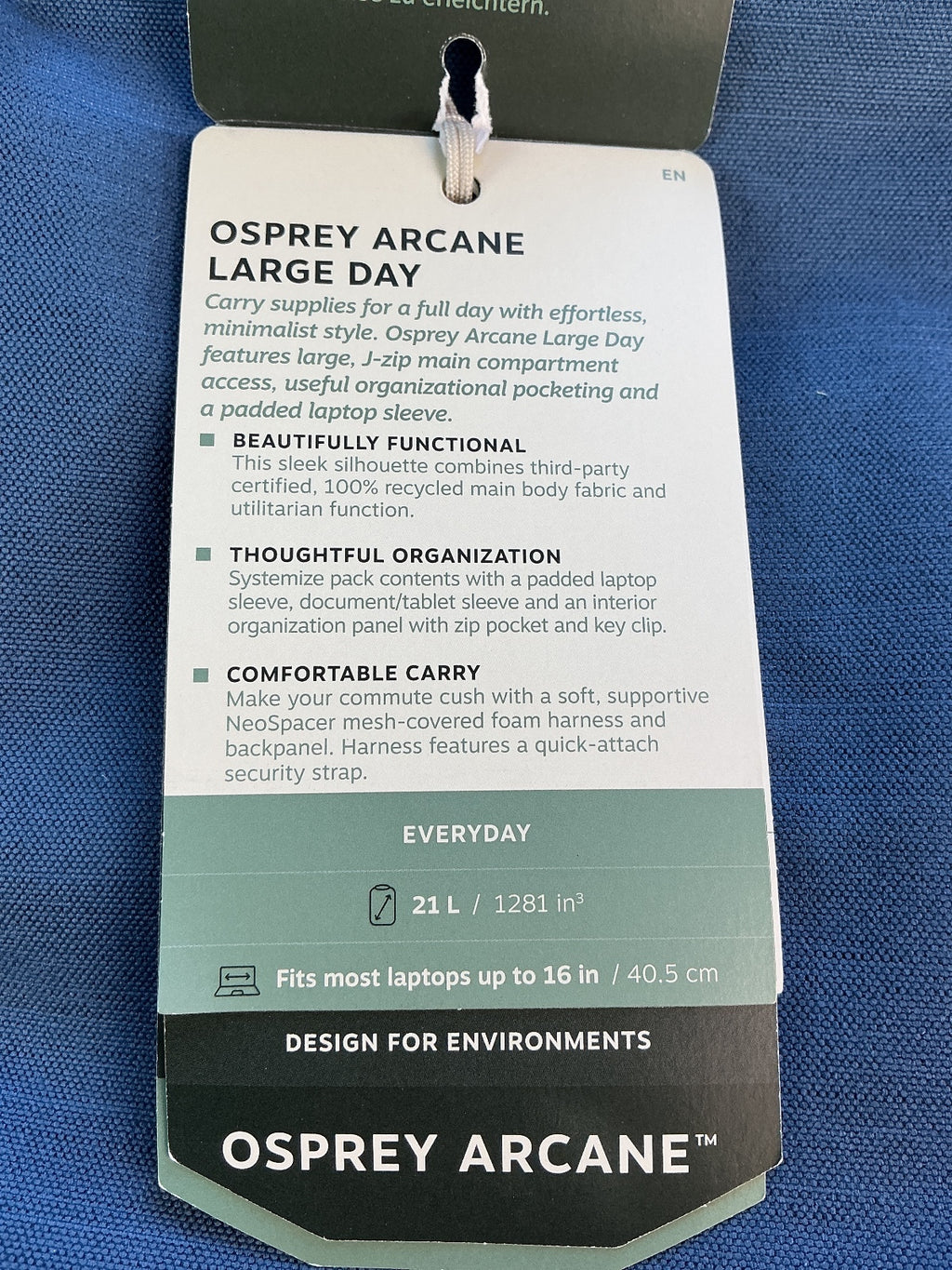 Osprey Arcane Large Day Unisex 21L Blue Laptop Backpack Recycled Fabric