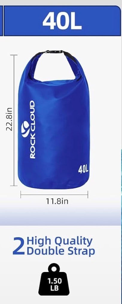 Rock Cloud Waterproof Dry Bag 40L Unisex Blue Durable Double Strap