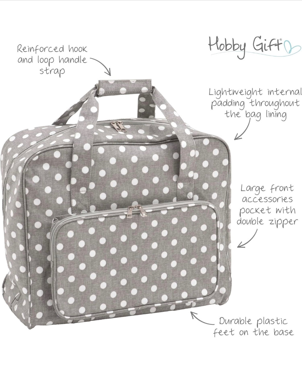 Hobby Gift Sewing Machine Tote Bag Gray Polka Dot Durable Cotton Fabric