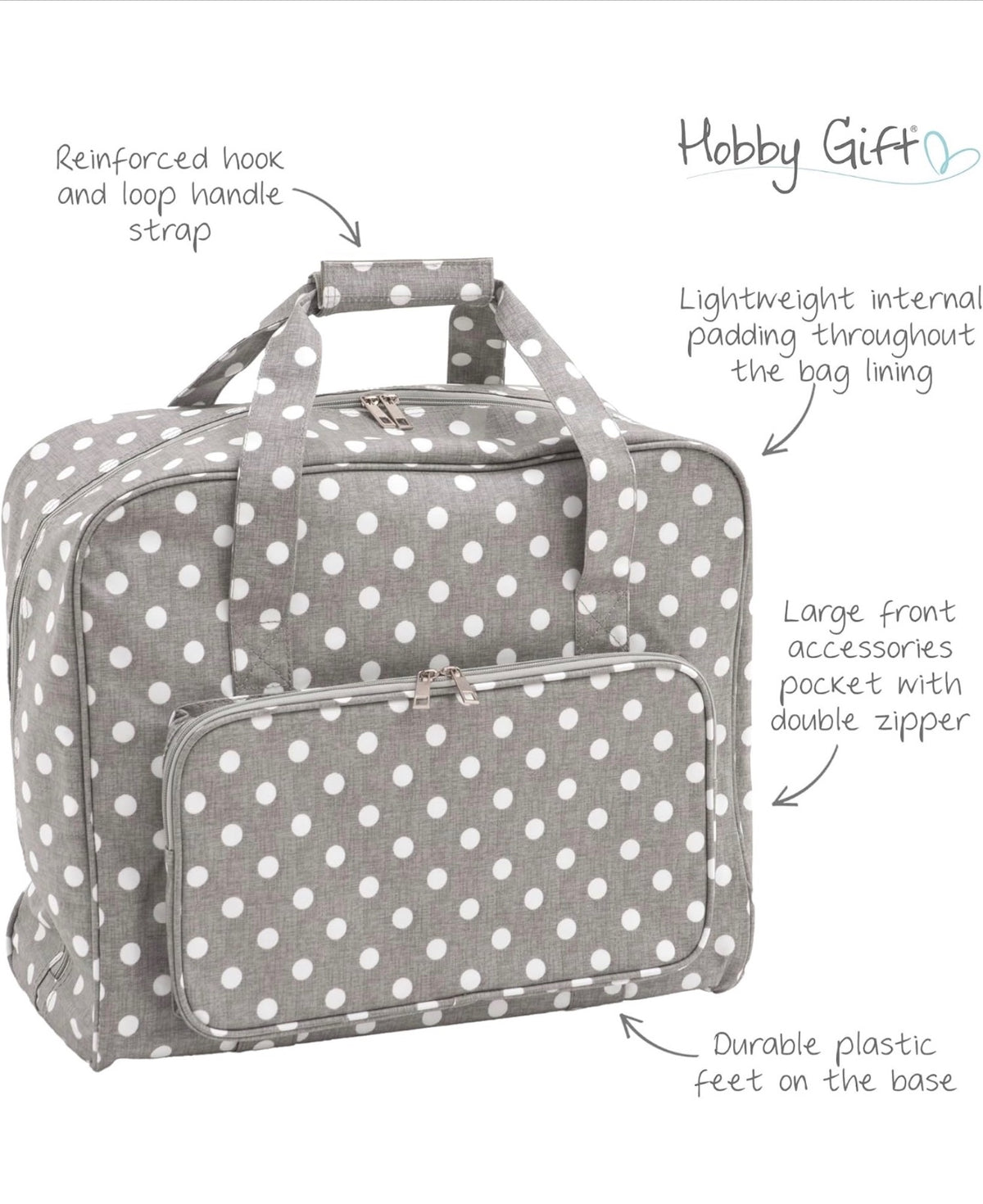 Hobby Gift Sewing Machine Tote Bag Gray Polka Dot Durable Cotton Fabric