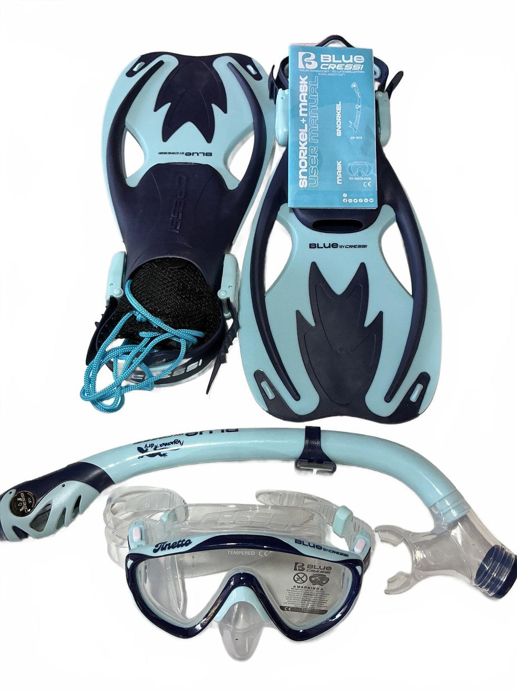 Blue Cressi Kids Snorkeling Set Size L/XL Fins Mask Snorkel Diving Gear