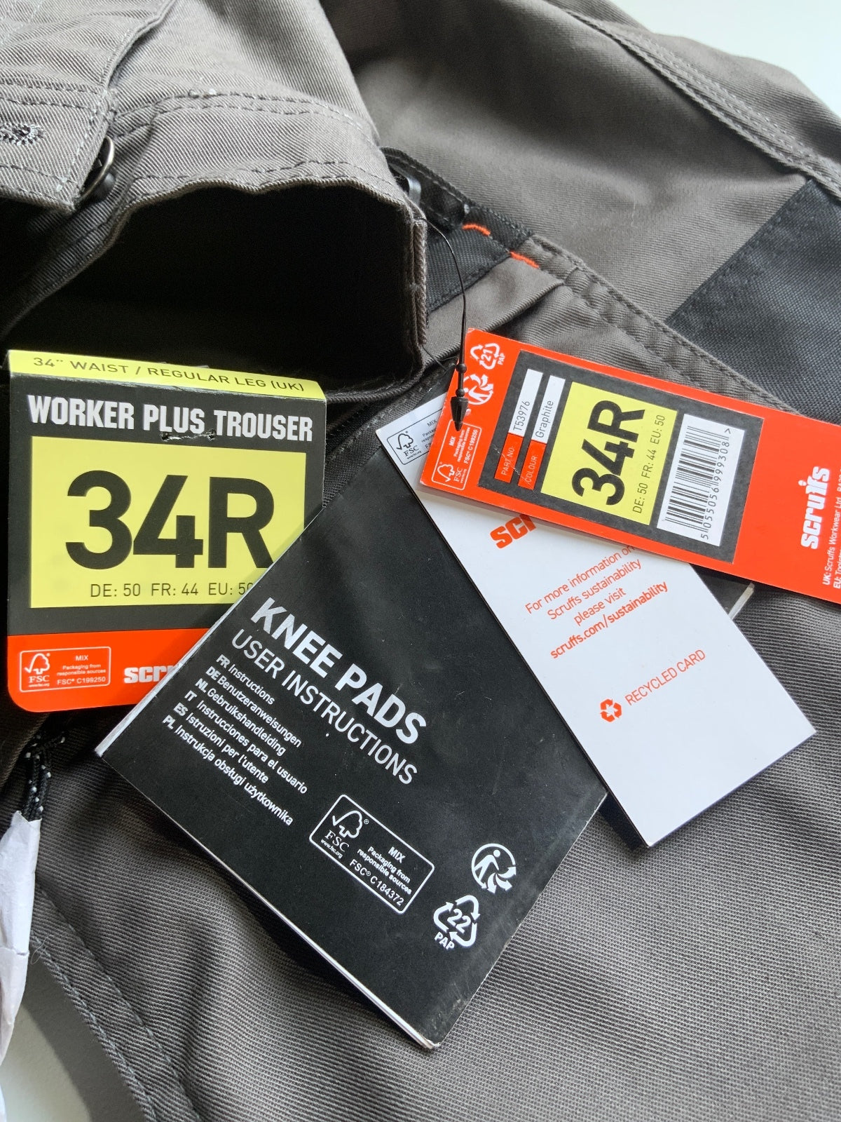 *NEW* Scruffs Worker Plus Trousers 34R Grey Black Workwear Durable Pants