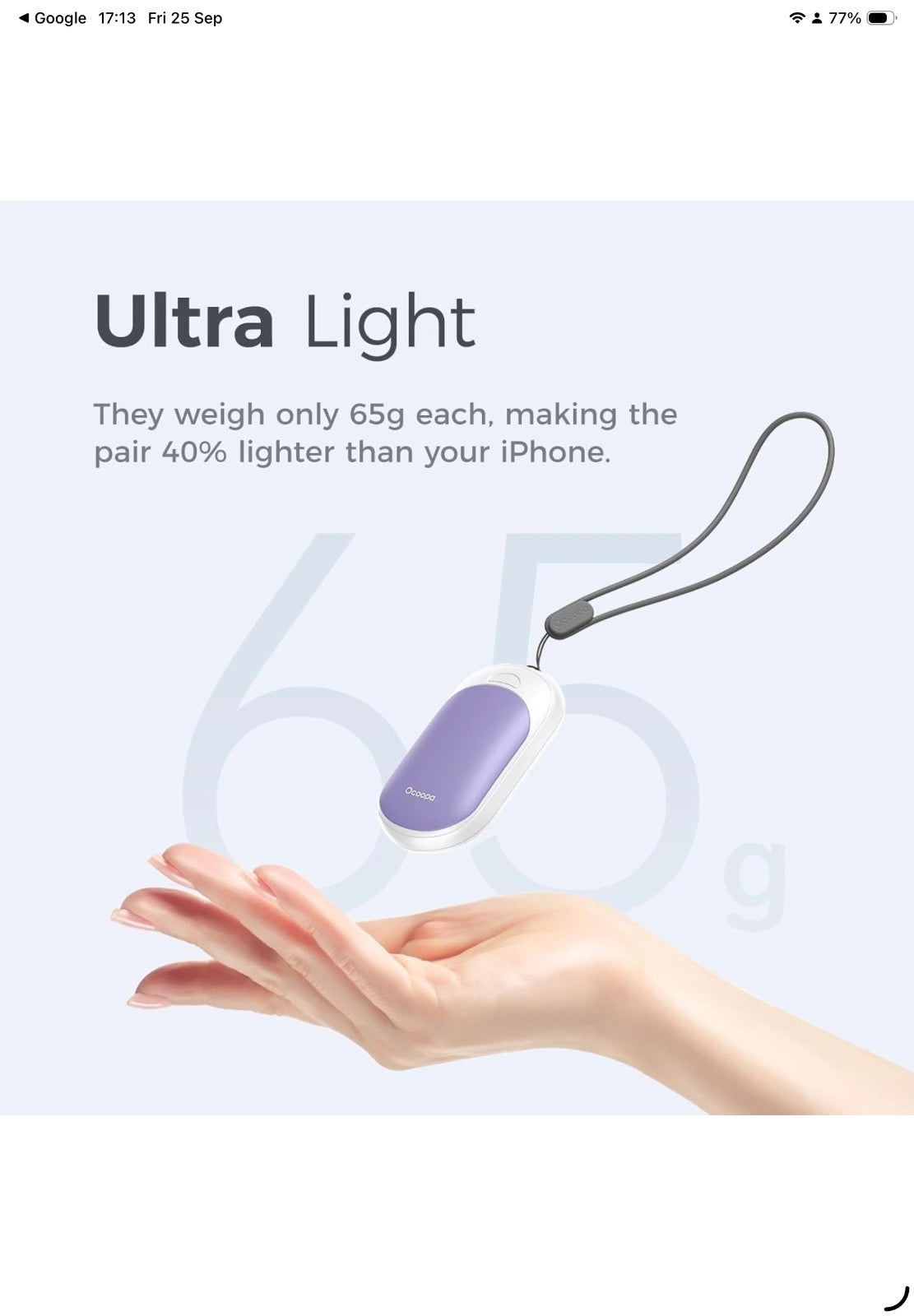 New Ocoopa UT3 Lite Rechargeable Hand Warmers Purple Ultra Thin Lightweight