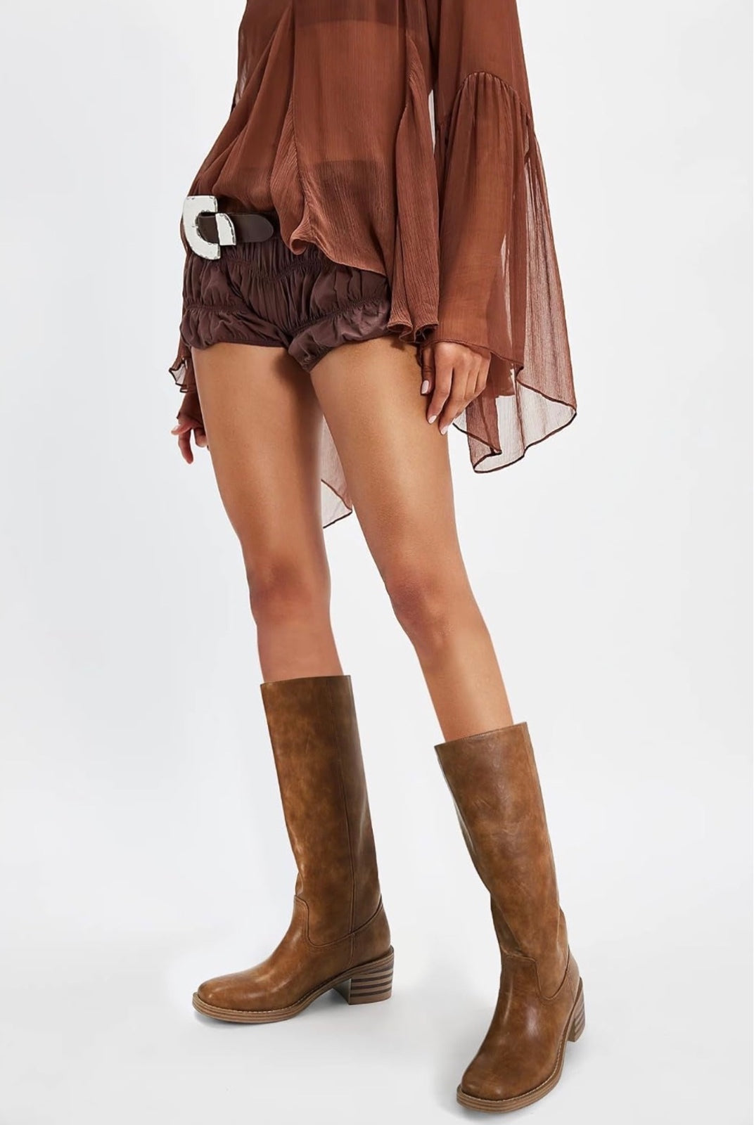 DOEYC Knee-High Boots Women’s Size 8 Camel Striped Block Heel Pull-On