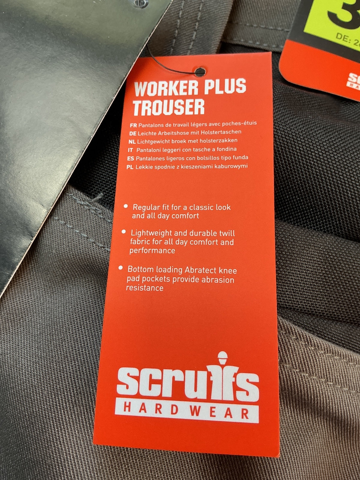 Scruffs Worker Plus Trousers Men's 38S Graphite Durable Lightweight Knee Pad Pkt