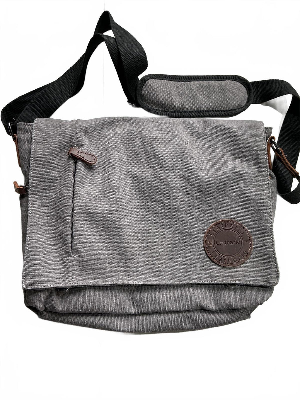Leathario Grey Canvas Messenger Bag Adjustable Strap Size Medium