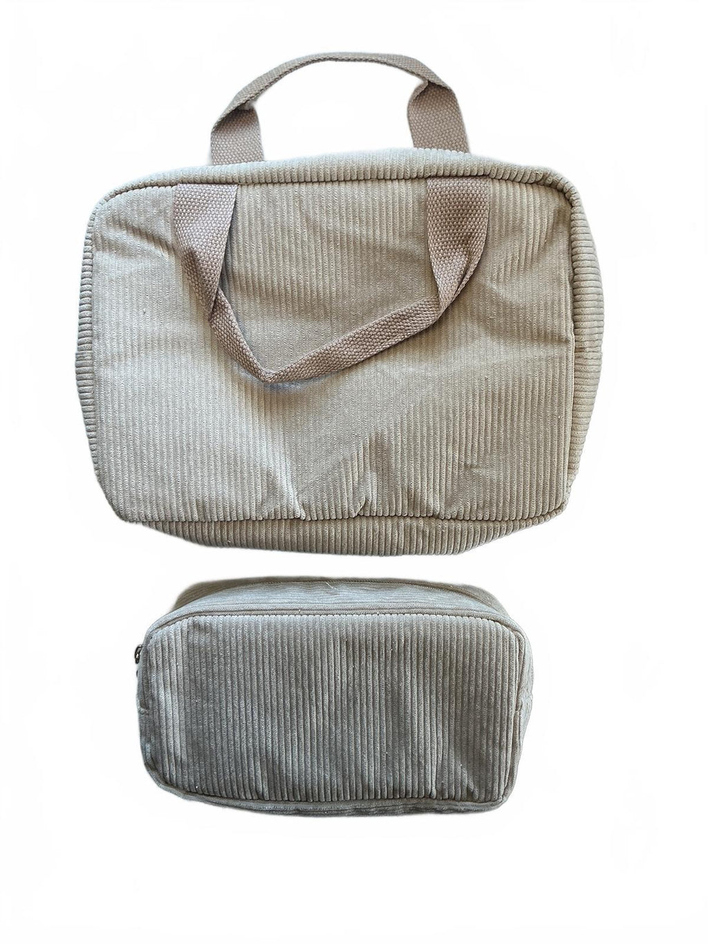 Beige Corduroy Travel Bag Set with Letter A Embroidery