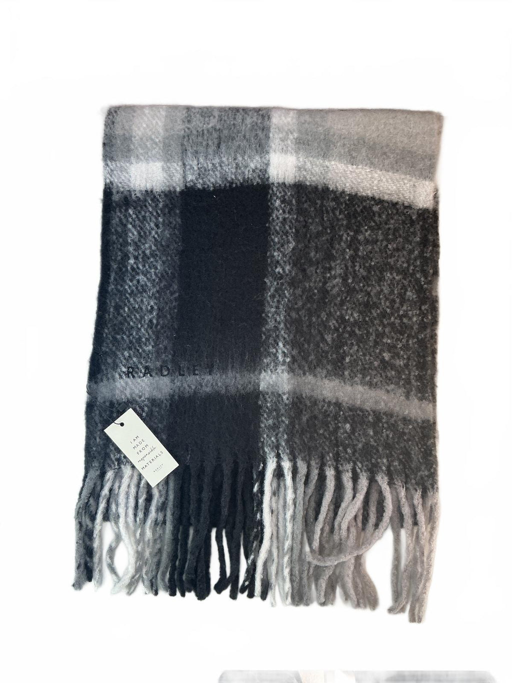 Radley London Women's Fluffy Scarf Black Grey Check Pattern Soft Warm 100x42cm