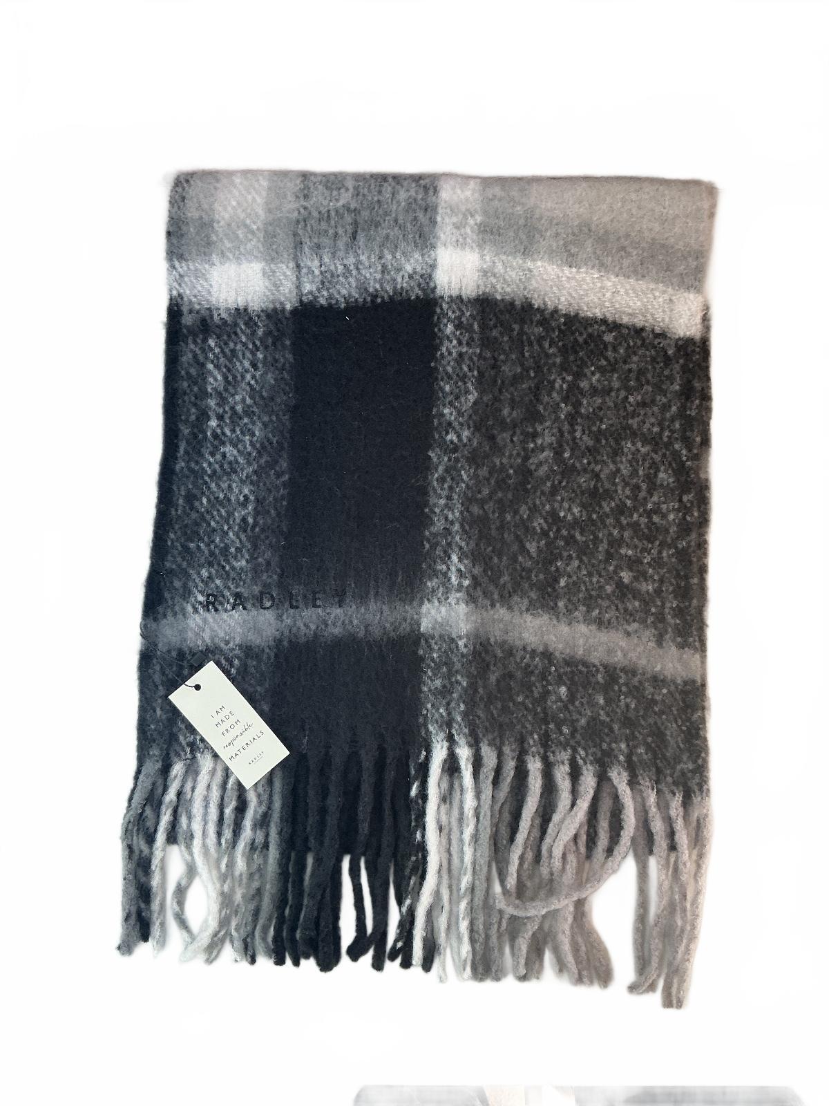 Radley London Women's Fluffy Scarf Black Grey Check Pattern Soft Warm 100x42cm