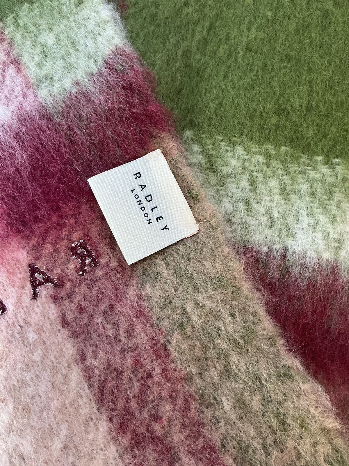 Radley London Women's Scarf Green Pink Beige Plaid Soft Fringed Winter Accessory