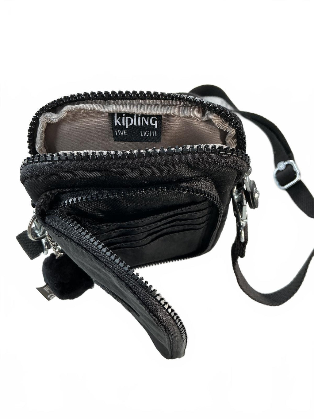 Kipling Small Wallet Black Durable Fabric Crossbody Strap Signature Keychain