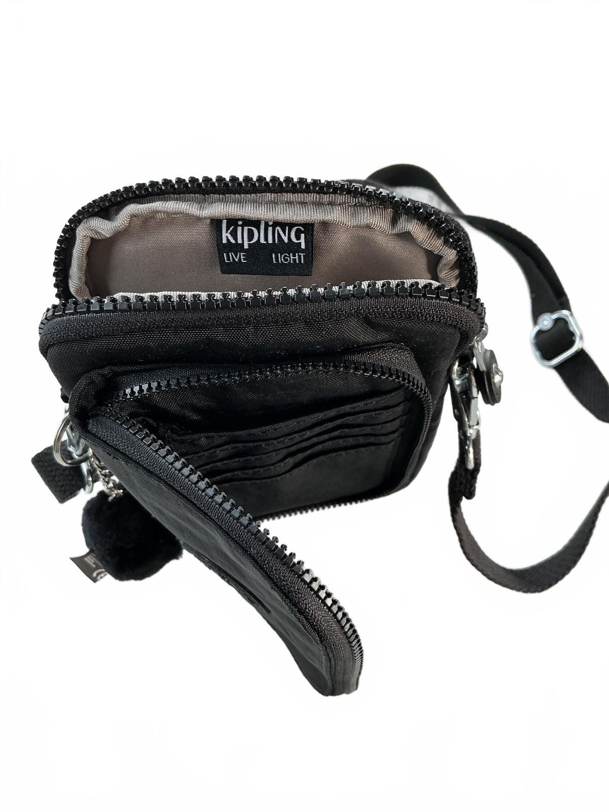 Kipling Small Wallet Black Durable Fabric Crossbody Strap Signature Keychain
