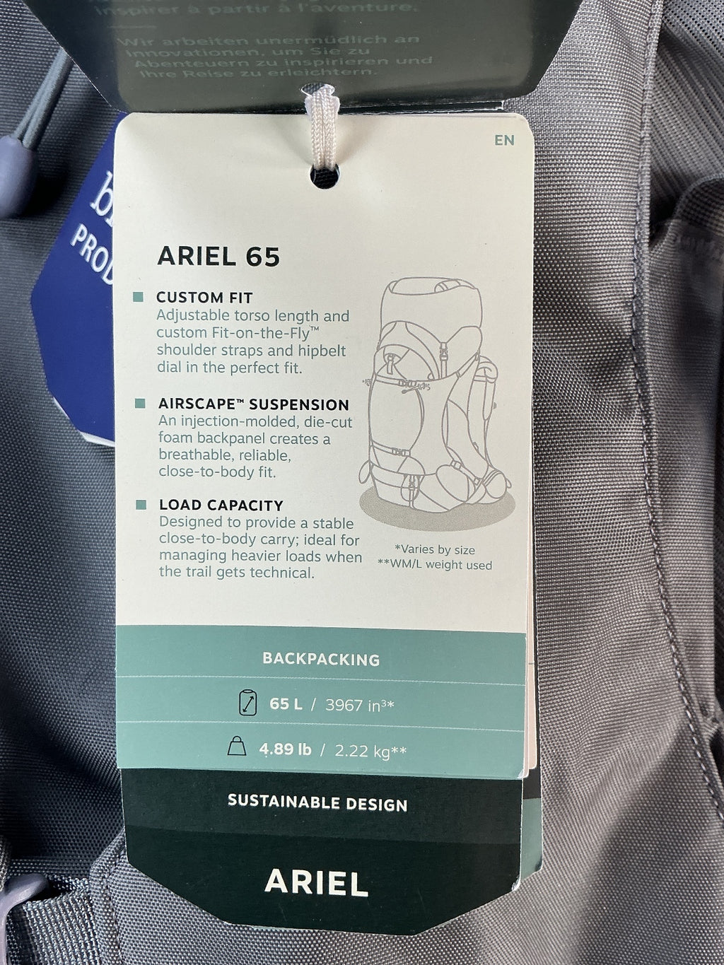 Osprey Ariel 65L Women’s Backpack Large Grey Custom Fit Lightweight Raincover