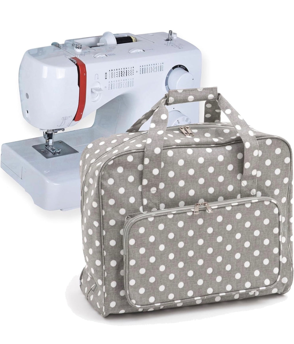 Hobby Gift Sewing Machine Tote Bag Gray Polka Dot Durable Cotton Fabric