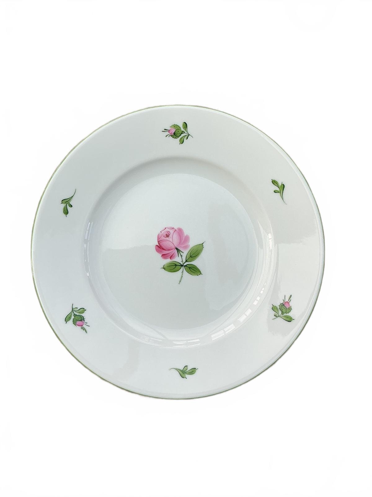 Augarten Wien Vienna Rose 20 cm White Floral Dessert Plate with Green Rim