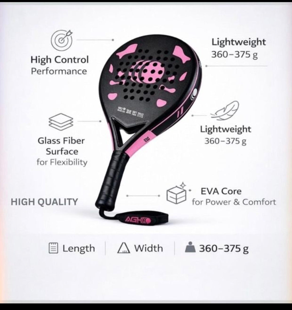 AGH Padel Racket AGP1 PINK EVA Core Glass Fibre Frame For Adults And Beginners