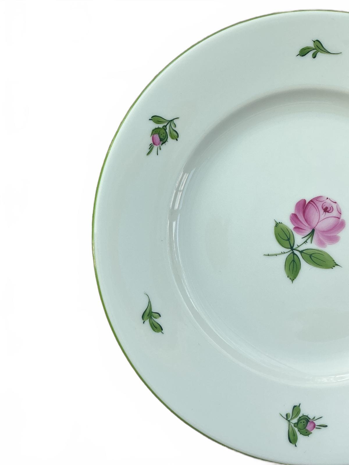 Augarten Wien Vienna Rose 20 cm White Floral Dessert Plate with Green Rim