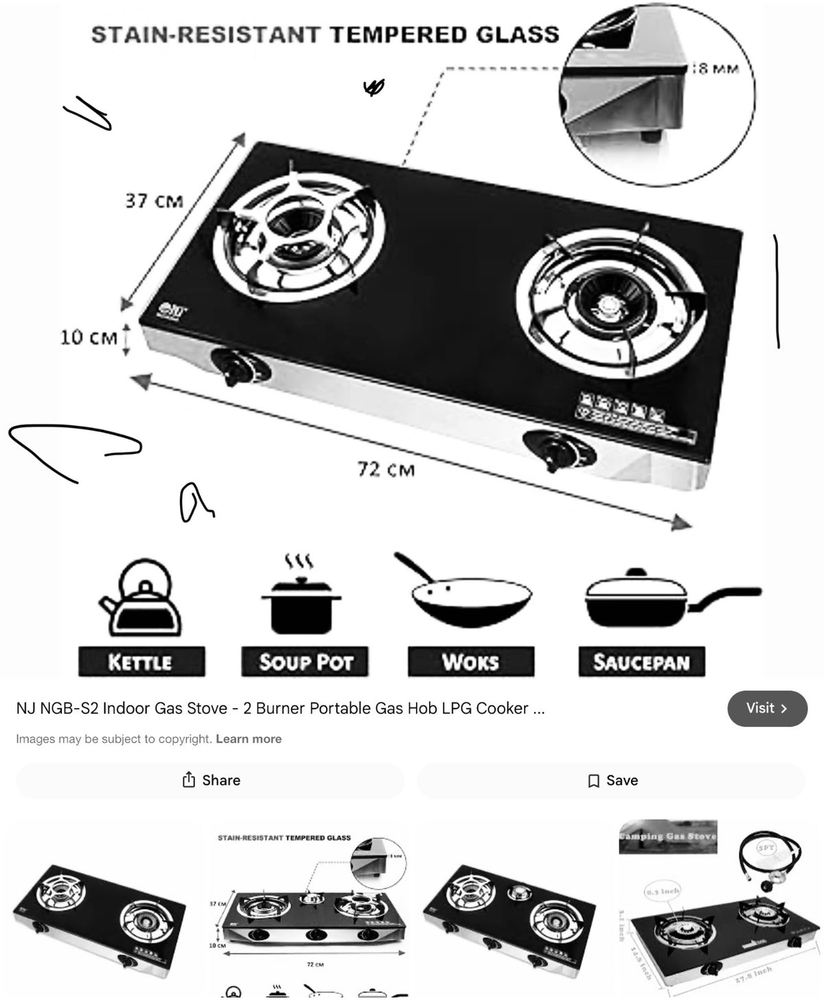 ONJ Two Burner Indoor Countertop Gas Hob Stove Cooker Black Glass