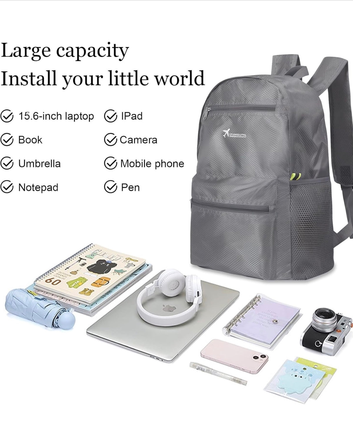 Travellings Backpack Unisex Black Lightweight Foldable Large Capacity