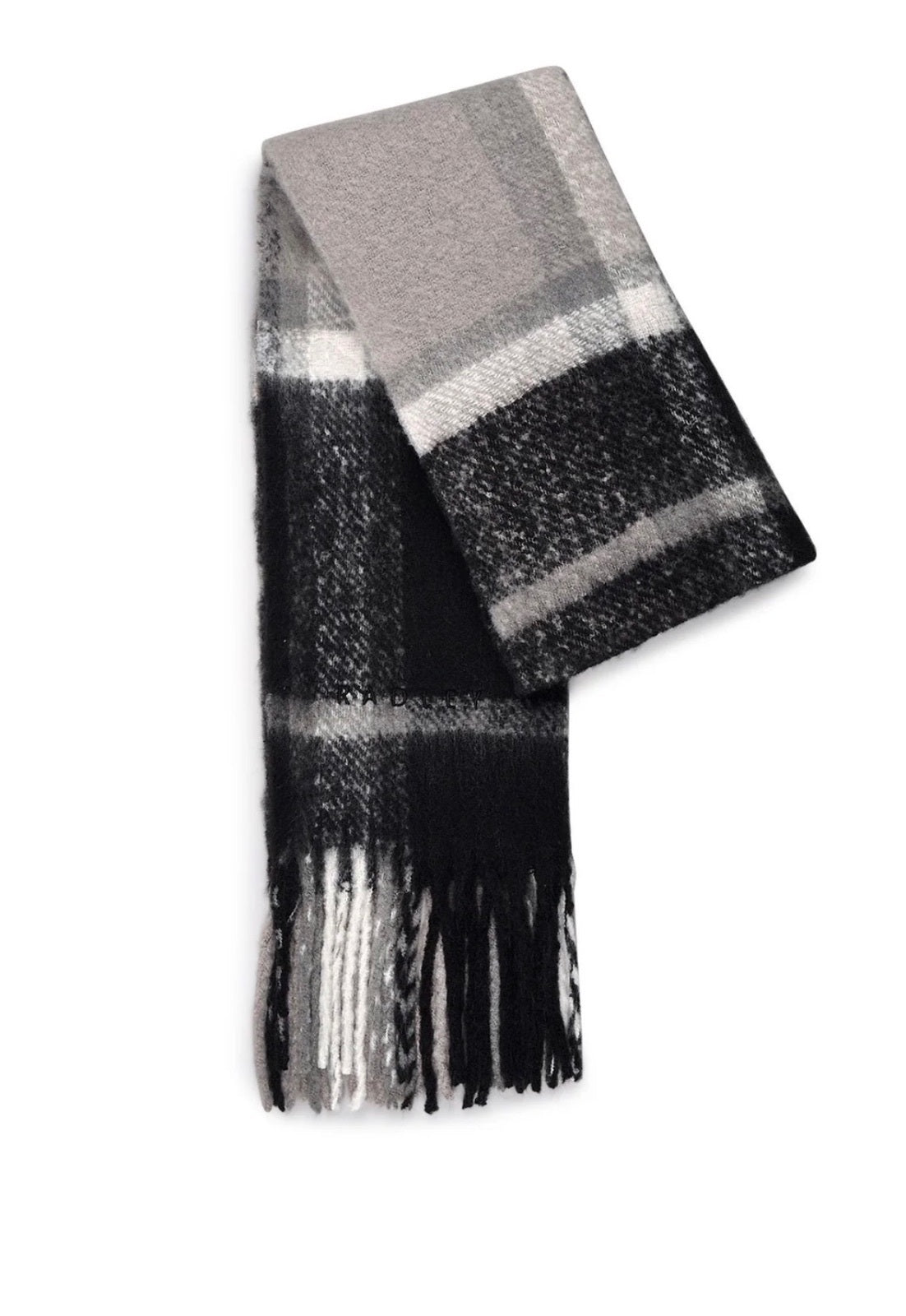 Radley London Women's Fluffy Scarf Black Grey Check Pattern Soft Warm 100x42cm