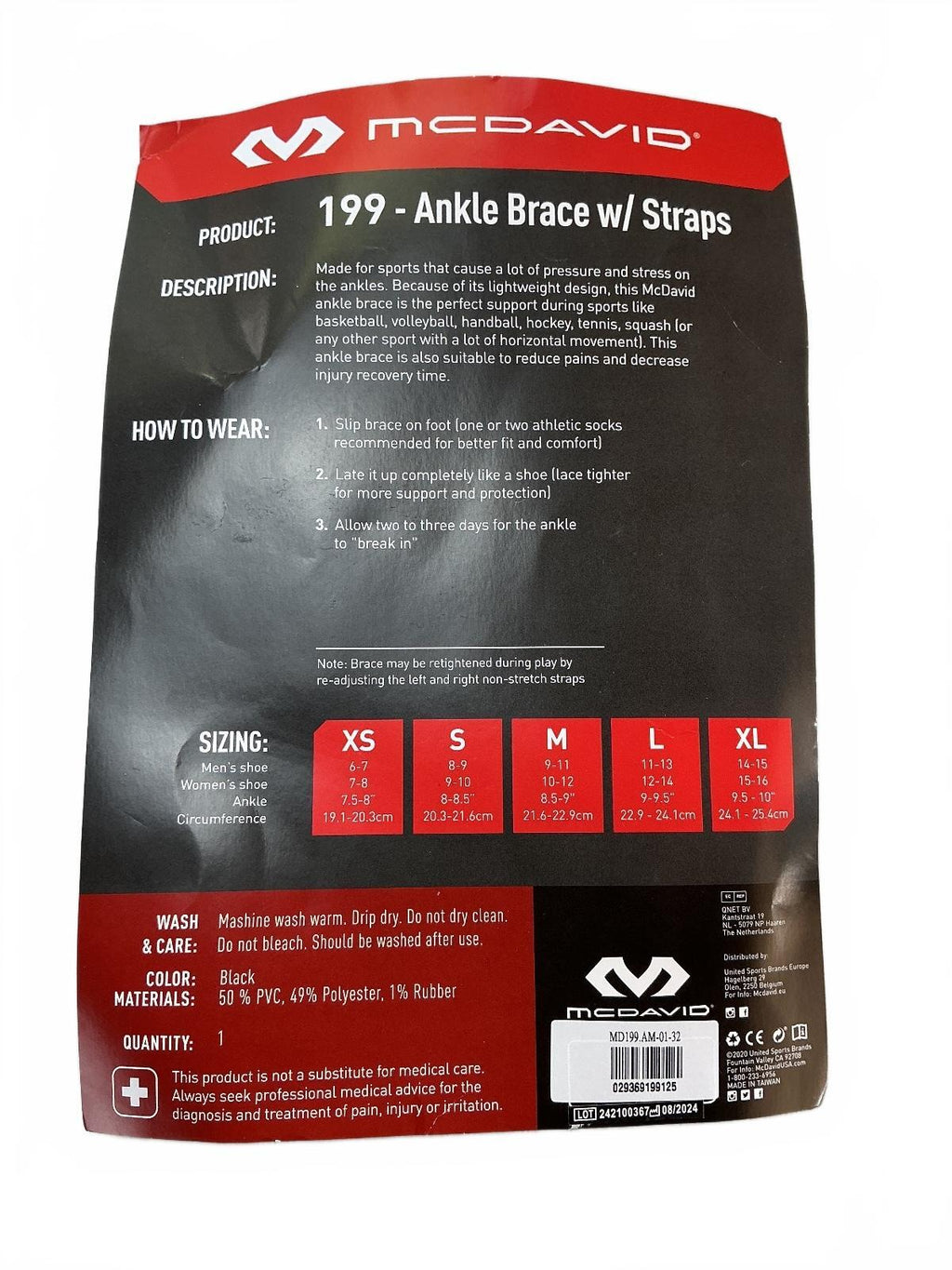 New McDavid 199 Ankle Brace with Straps Size S