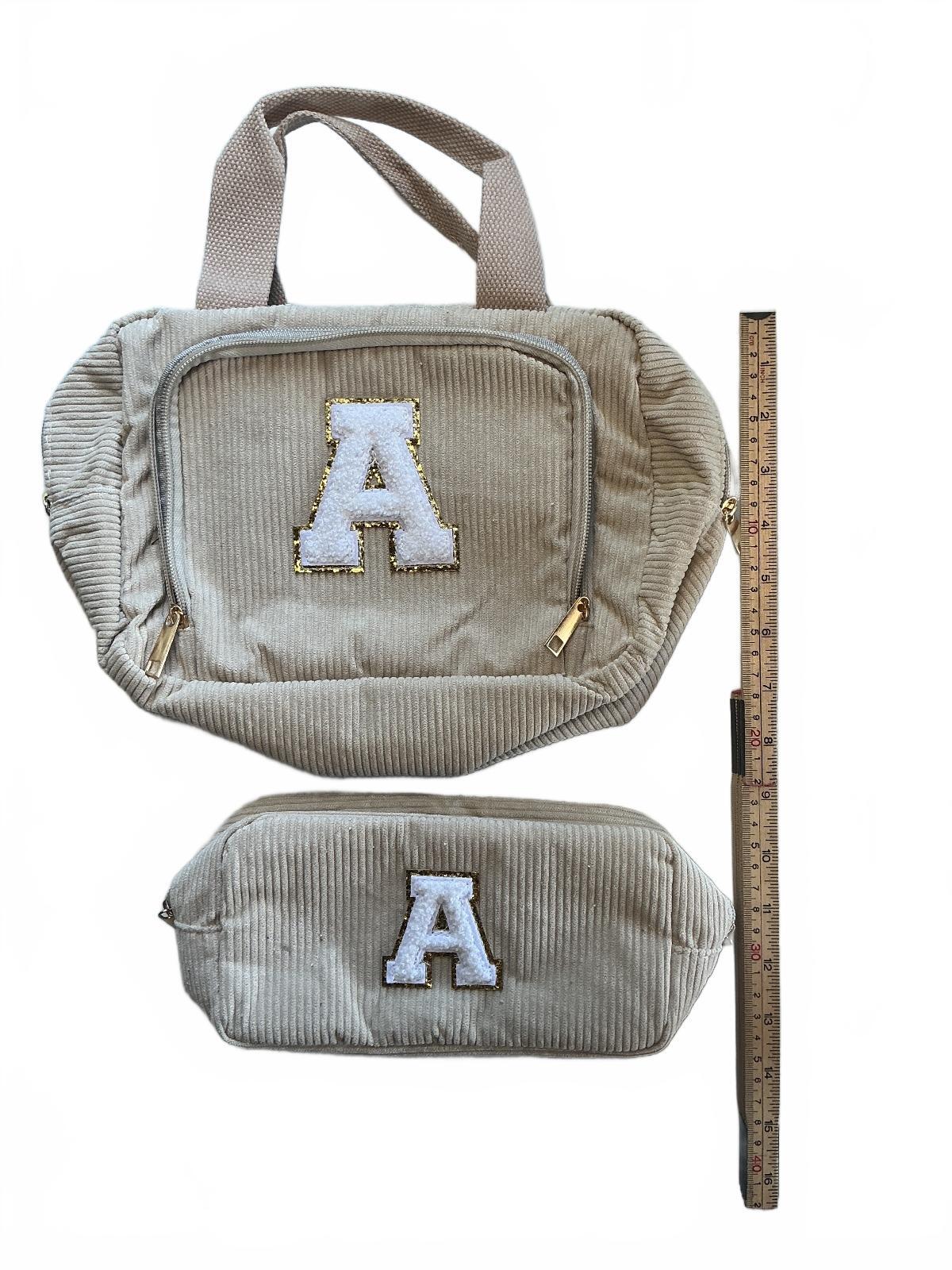 Beige Corduroy Travel Bag Set with Letter A Embroidery