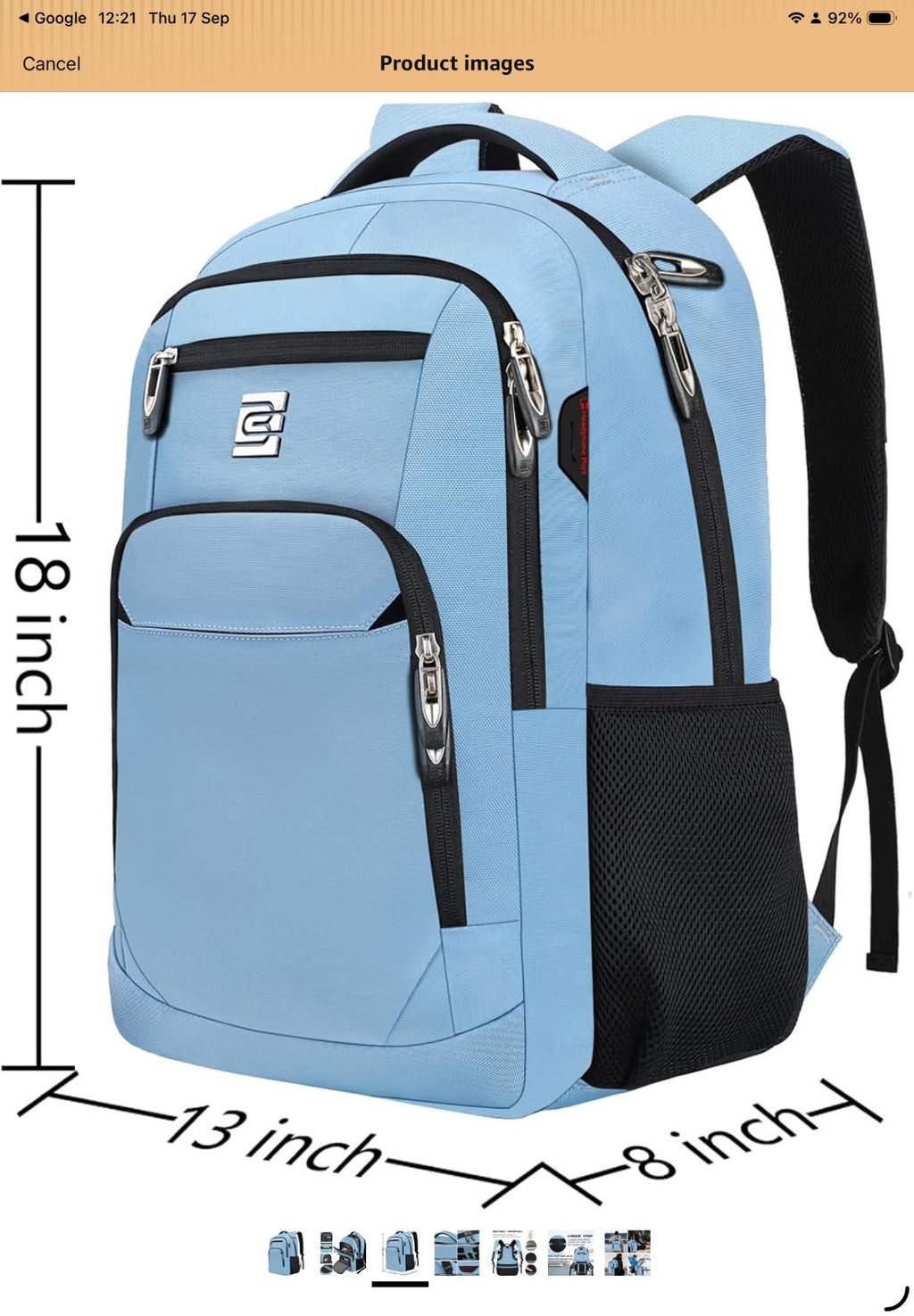 Volher Laptop Backpack Unisex 18 inch Light Blue Spacious Durable