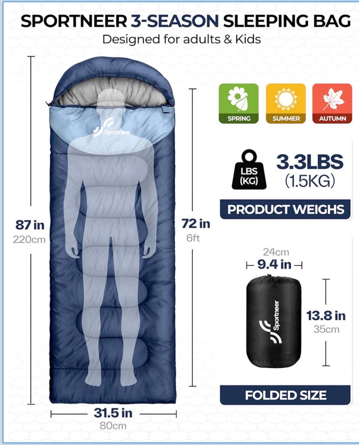Sportneer Unisex 3-Season Sleeping Bag Navy Blue Lightweight