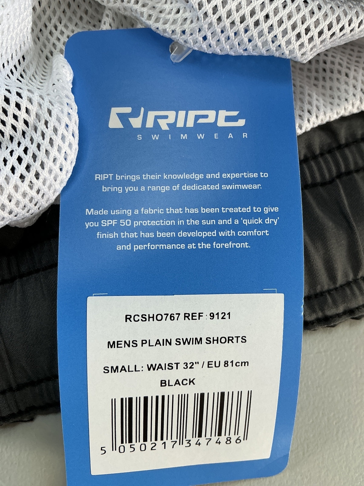RIPT Plain Swim Shorts Men Small Black Quick Dry SPF 50