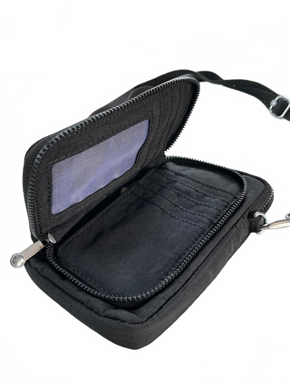 Kipling Small Wallet Black Durable Fabric Crossbody Strap Signature Keychain