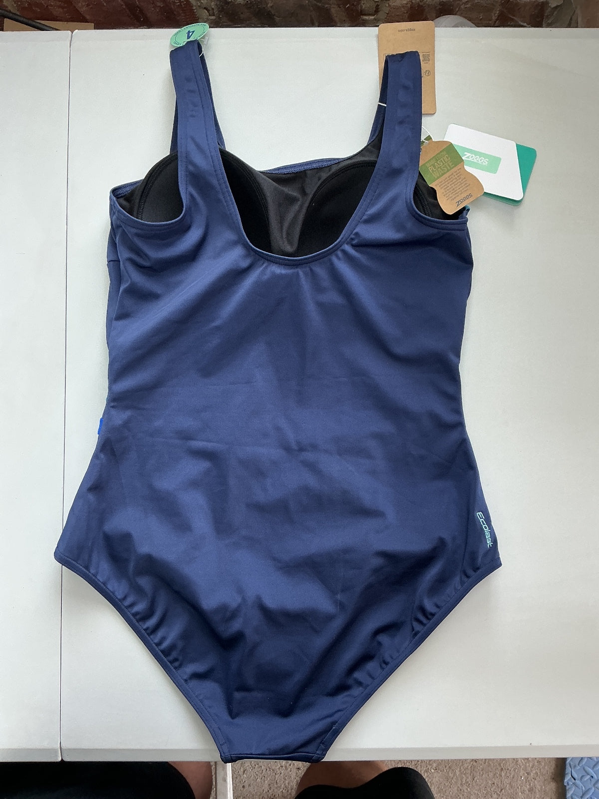 Zoggs Ecolast Navy Blue Scoopback Swimsuit Size UK 14