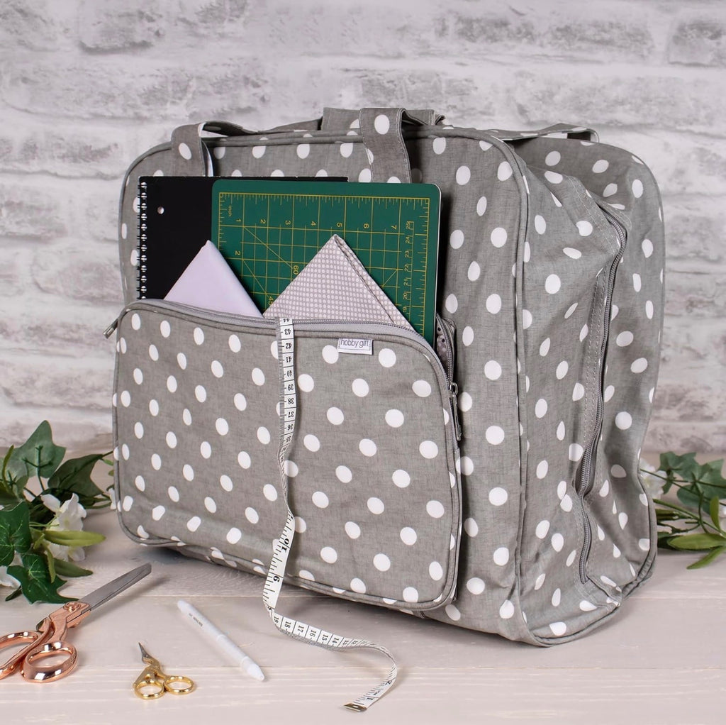 Hobby Gift Sewing Machine Tote Bag Gray Polka Dot Durable Cotton Fabric