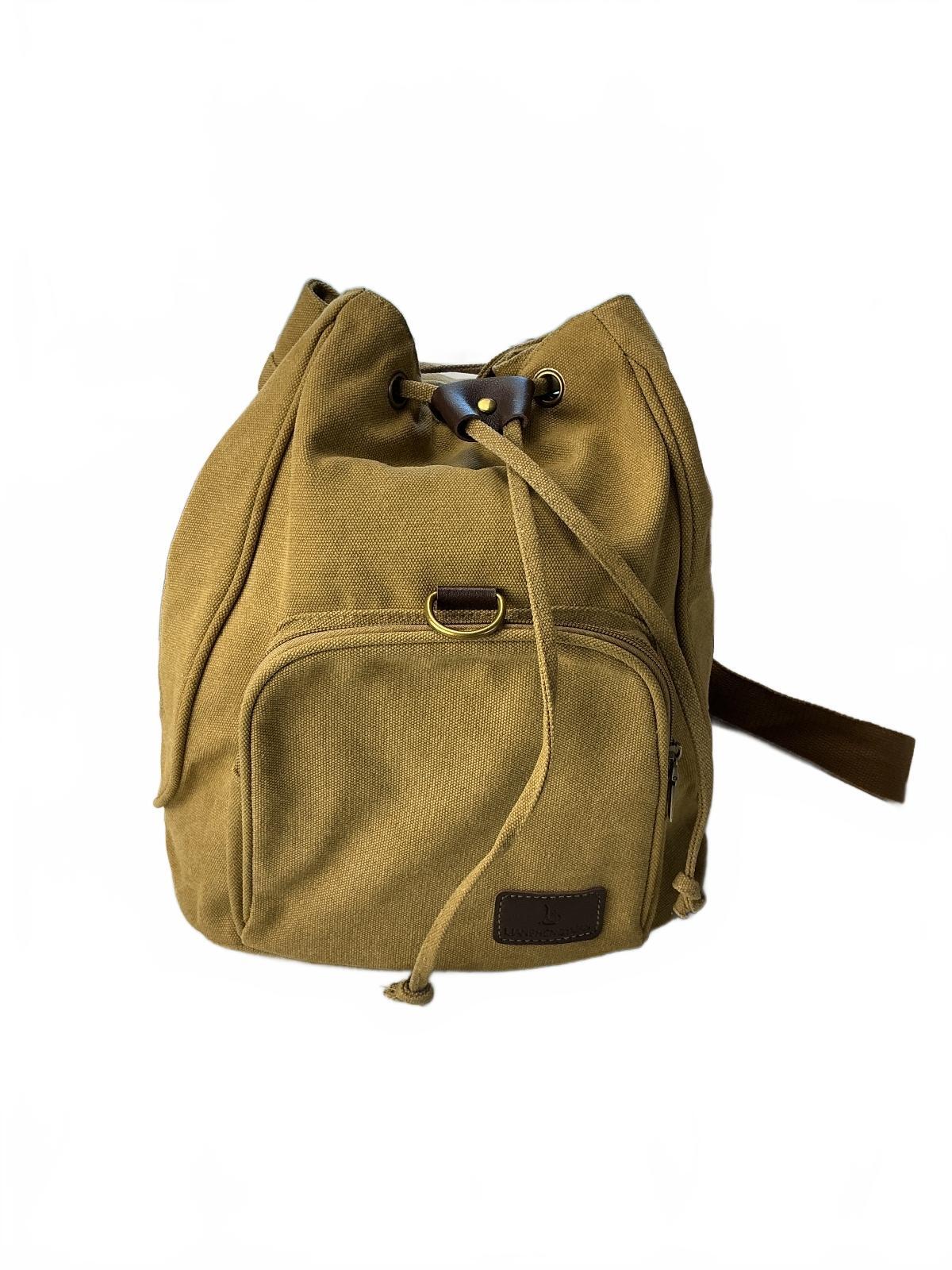 Liangmendian Canvas Backpack Unisex Tan Large Front Pocket