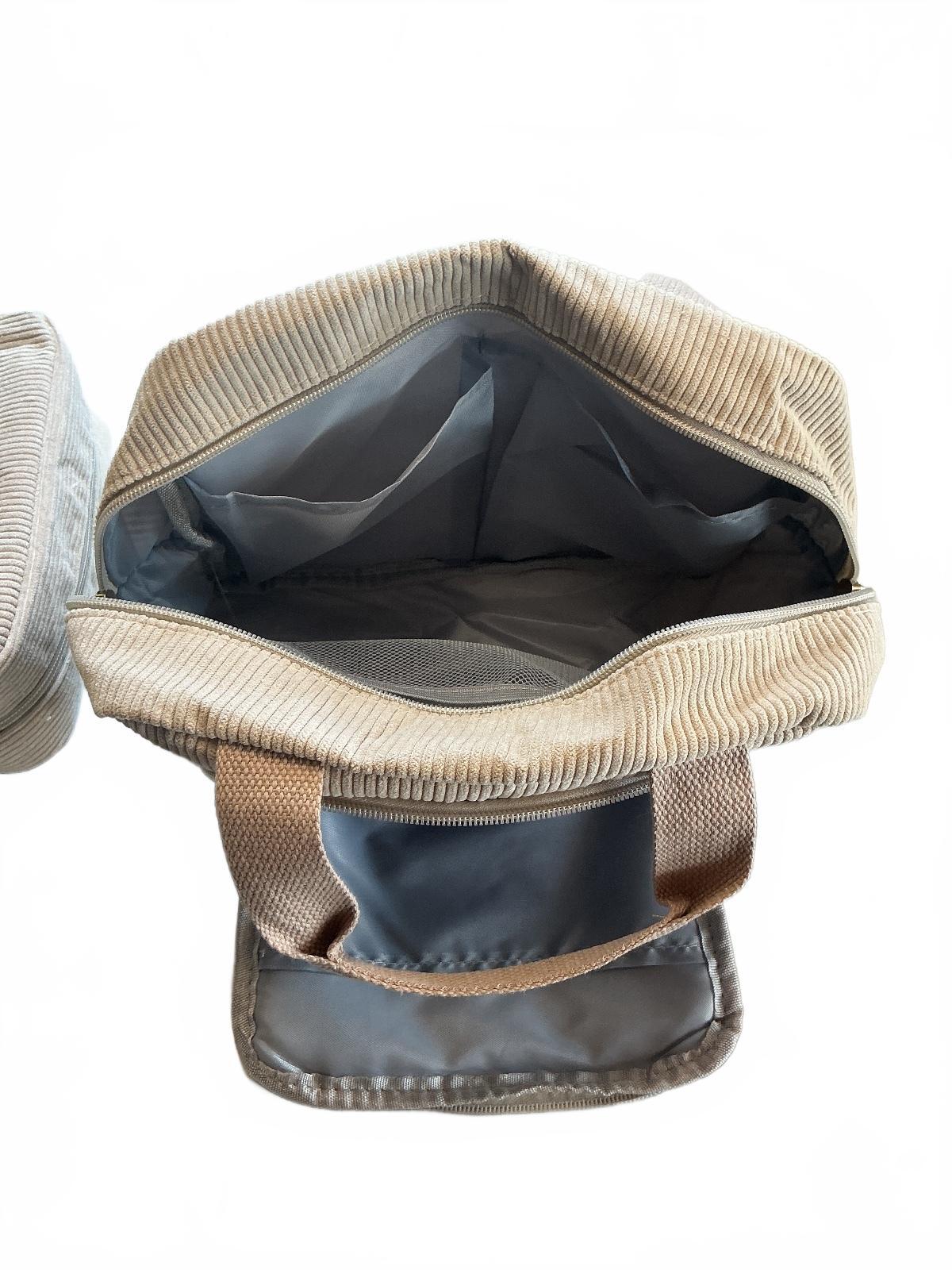 Beige Corduroy Travel Bag Set with Letter A Embroidery