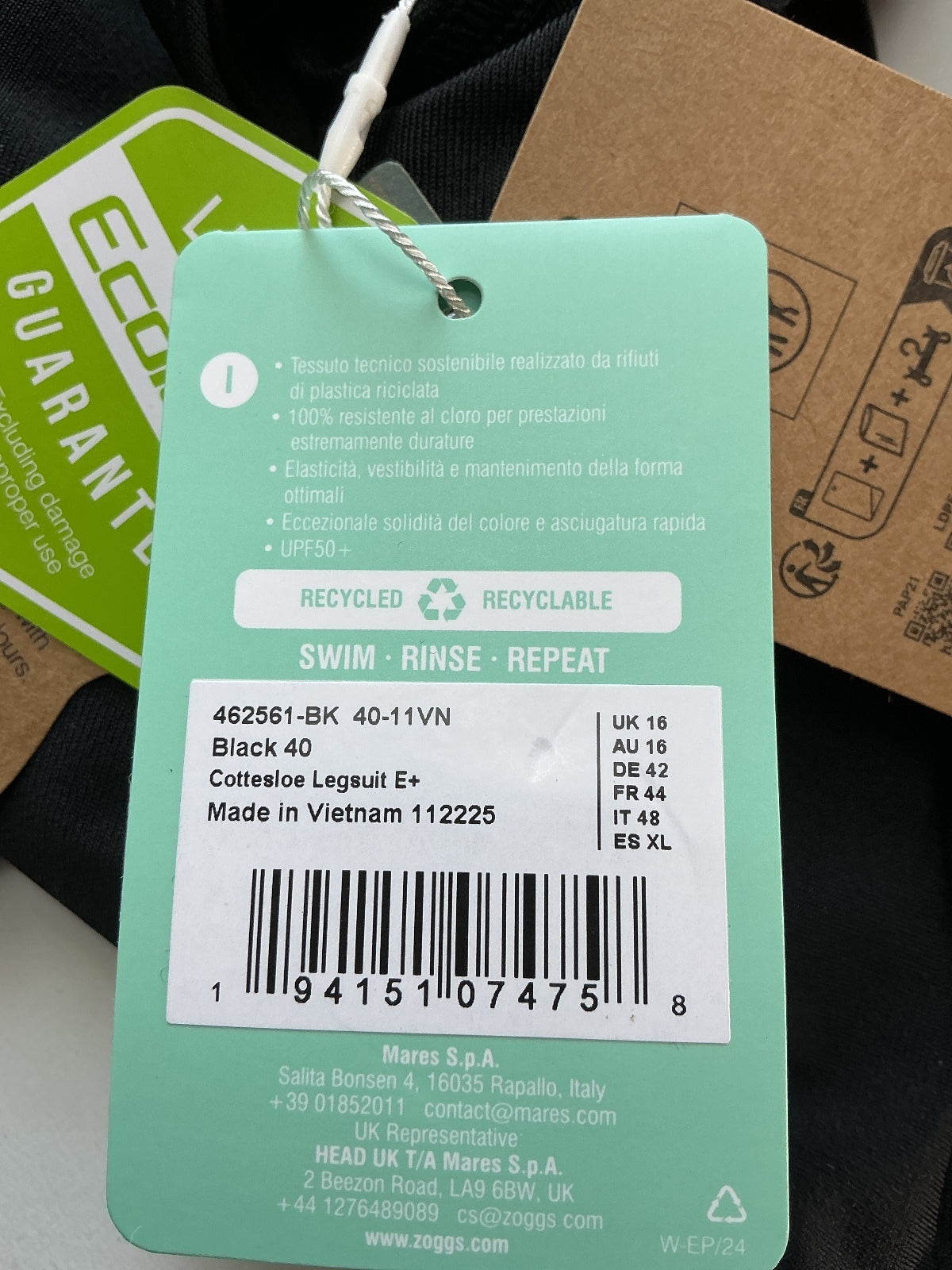 Zoggs Black Eco-Friendly Swim Legsuit UK 16 / EU 44