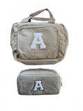 Beige Corduroy Travel Bag Set with Letter A Embroidery
