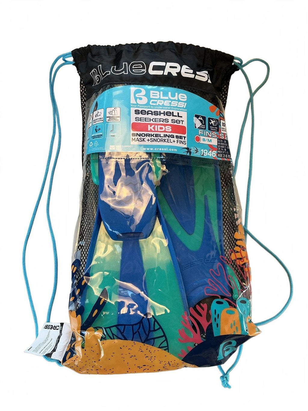 Blue Cressi Seashell Kids S/M Snorkeling Set Age 2-5 Years Green Adjustable Str