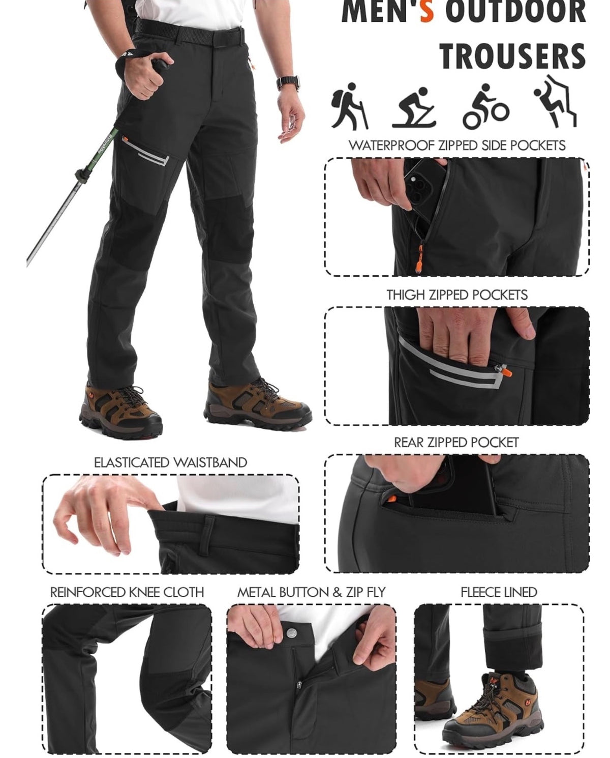 Peakwell Men's Outdoor Trousers Black Fleece Lined Waterproof Size XL