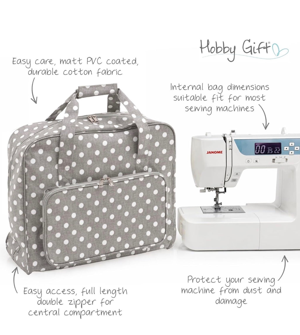 Hobby Gift Sewing Machine Tote Bag Gray Polka Dot Durable Cotton Fabric