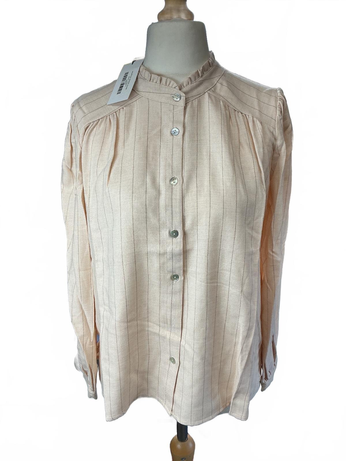 Busby & Fox Agatha Stripe Shirt Women Medium Blush Ruffle Collar Button-Up