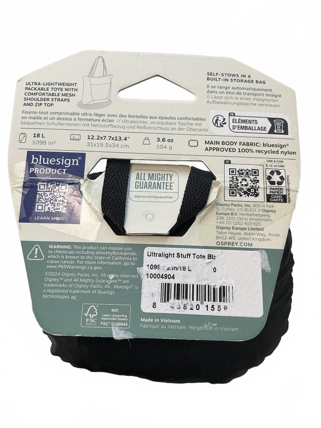 Osprey Ultralight Stuff Tote Unisex Black Lightweight